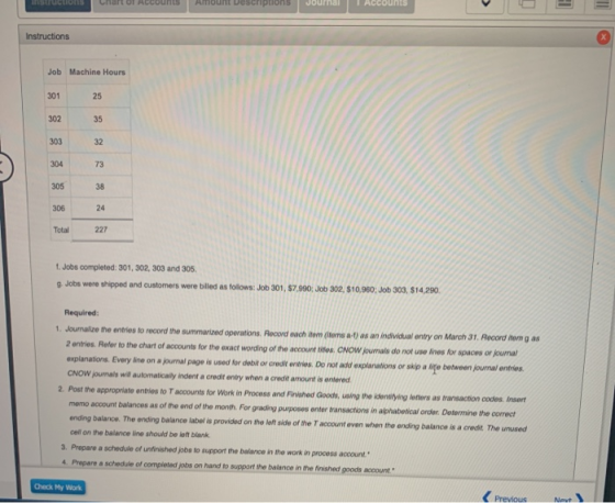 hart Ol Accounts ount Descriptions counts D IL Instructions Job Machine Hours 301 25 302 35 303 32 304 73 305 38 306 24 Total