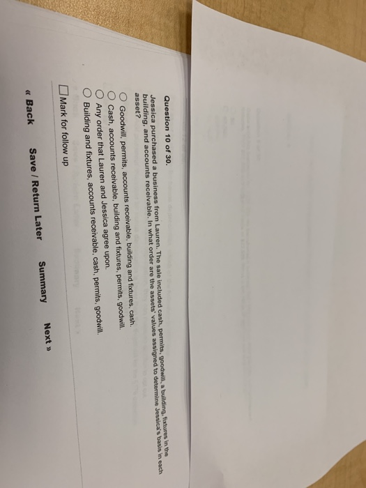 Question 10 of 30. Jessica purchased a business from Lauren. The sale included cash, permits, goodwill, a building, futures i