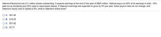 Valence Electronics has 211 million shares outstanding. It expects earnings at the end of the year of $820 million. Valence p