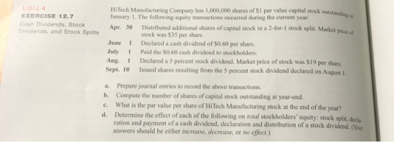 EXERCISE 12.7 Cash Dividends, Stock Dividends, and Stock Splits HiTech Manufacturing Company has 1.000.000 shares of Si par v