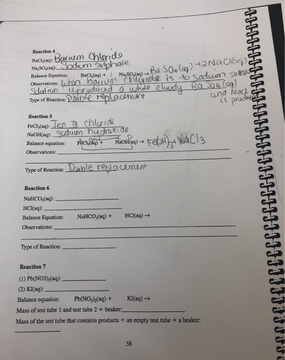 Reaction 4 BuCl(aq) Barium Chloride NaSO4(ag)Sodium Sulphale Balance Equation: BaCl(aq) + Na SO.(aq) chloride is Observations