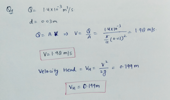 Os O= 1.4x108 m/s. d= 0.03m 1.98 m/s. &= A. ) Vs ll A 14x10 3 (003) T 4 V=1.98 m/s V? 0.199 m VH = Velocity Head 2g VH = 0.19