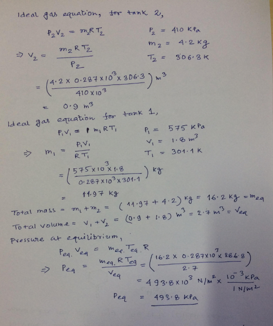 Ideal ga equation, 2 2. 2 z = 306.8K 3 410 X Io 0.9 m3 deal gas equaton tank 1 R T 301.1 3 Δ, 267 χ 103 x 301.1 11-9 Kg Tota