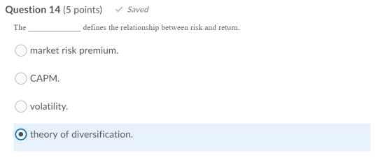 Question 14 (5 points) ✓ Saved The defines the relationship between risk and return. market risk premium. CAPM. volatility. t