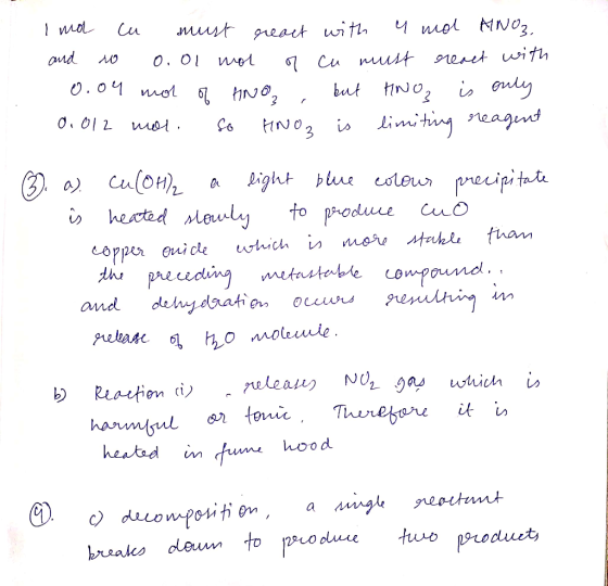 I mal a must react with u mol HNO3. and no 0.01 mol or cu must react with 0.04 mol of ANO , but HNO is only 0.012 mal so HNO