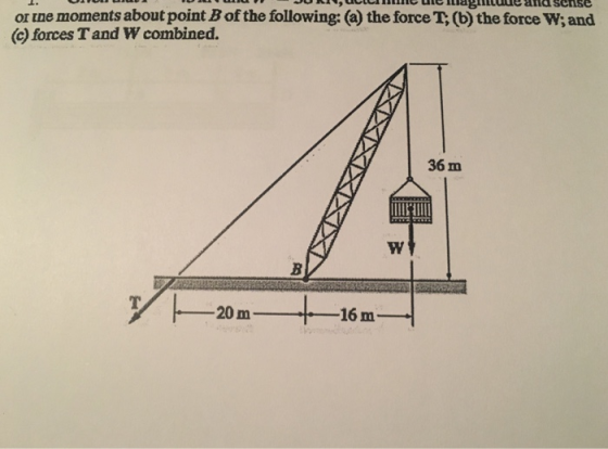 eeneuie maguue aifdscise or tne moments about point B of the following: (a) the force T, (b) the force W; and (c) forces Tand