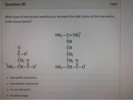 Question 30 1 pts What type of interaction would occur between the side chains of the two amino acids shown below? NH2-C=NH;
