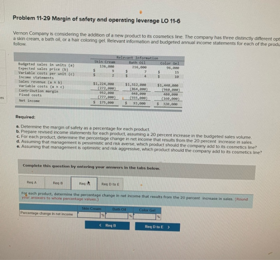 Problem 11-29 Margin of safety and operating leverage LO 11-6 Vernon Company is considering the addition of a new product to