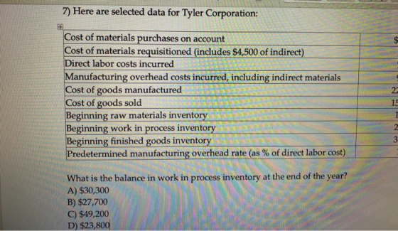 7) Here are selected data for Tyler Corporation: 2 Cost of materials purchases on account Cost of materials requisitioned (in