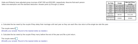 Katie and Roberto have adjusted gross incomes of $47,000 and $32,800, respectively. Assume that each person takes one exempti