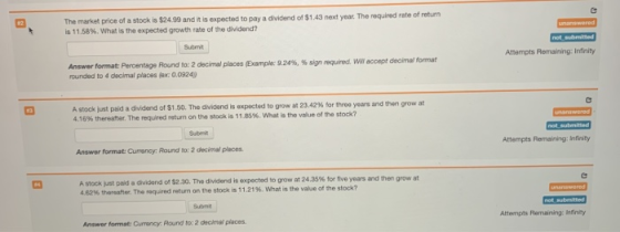 The market price of a stock is $24.99 and it is expected to pay a dividend of $1.43 next year. The required rate of return is