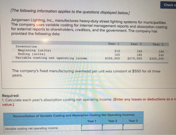 Check im [The following information applies to the questions displayed below.) Jorgansen Lighting, Inc., manufactures heavy-d