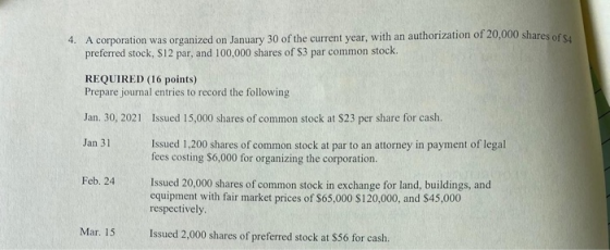 4. A corporation was organized on January 30 of the current year, with an authorization of 20,000 shares of sa preferred stoc