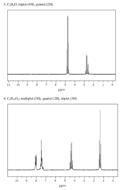 3. C,H,O; triplet (4H), quintet (2H) 11 10 4 ppm 4. CH,02; multiplet (5H), quartet (2H), triplet (3H) 10 9 8 6 5 3 2 0 ppm