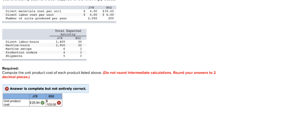 Direct materials cost per unit Direct labor cost per unit Number of units produced per year $ $ J78 4.00 4.00 2,000 B52 $39.0