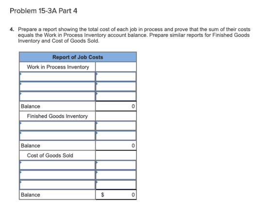 Problem 15-3A Part 4 4. Prepare a report showing the total cost of each job in process and prove that the sum of their costs