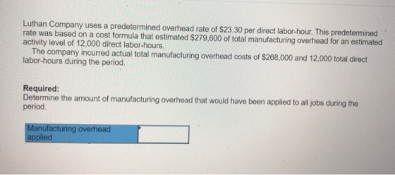 Luthan Company uses a predetermined overhead rate of $23.30 per direct labor-hour. This predetermined rate was based on a cos
