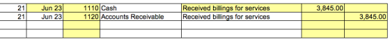 3,845.00 21 21 Jun 23 Jun 23 1110 Cash 1120 Accounts Receivable Received billings for services Received billings for services