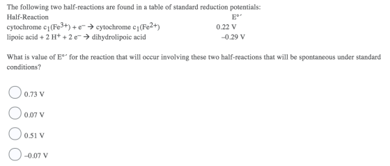 The following two half-reactions are found in a table of standard reduction potentials: Half-Reaction E cytochrome c1(Fe3+) +
