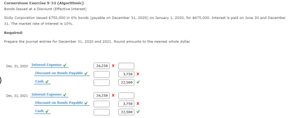 Cornerstone Exercise 9-32 (Algorithmic) Bonds Issued at a Discount (Effective Interest) Sicily Corporation issued $750,000 in