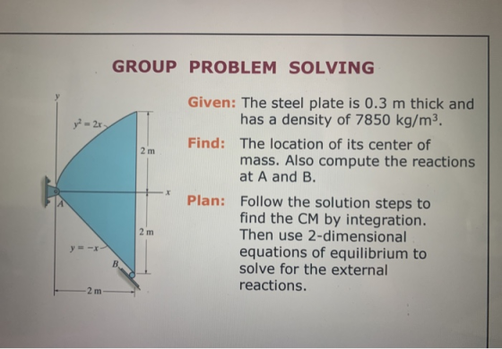 GROUP PROBLEM SOLVING y = 2xy 2 m X Given: The steel plate is 0.3 m thick and has a density of 7850 kg/m3. Find: The location