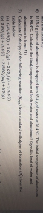 6) If 15.4 g piece of aluminum is dropped into 654 g of water at 264 °C. The initial temperature of aluminum is 98.4°C. Calcu