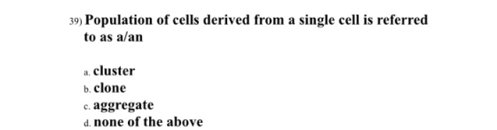 39) Population of cells derived from a single cell is referred to as a/an a. cluster b. clone c. aggregate d. none of the abo