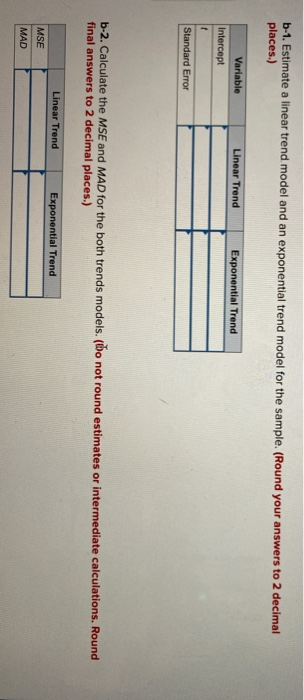 b-1. Estimate a linear trend model and an exponential trend model for the sample. (Round your answers to 2 decimal places.) L