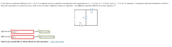 = 11.9 uF, C2 = 6.95 HF, and C3 = 3.71 HF. If capacitor 3 undergoes electrical breakdown so that it In the figure a potential