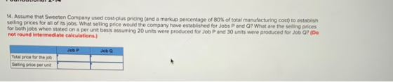 14. Assume that Sweeten Company used cost-plus pricing (and a markup percentage of 80% of total manufacturing cost) to establ