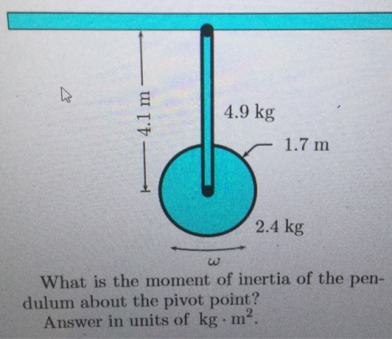4.1 m 4.9 kg - 1.7 m 2.4 kg What is the moment of inertia of the pen- dulum about the pivot point? Answer in units of kg. m².