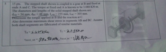 5 The stepped shaft shown is coupled to a gear at B and fixed at 15 pts. ends A and C. The torque at fixed end A is known to