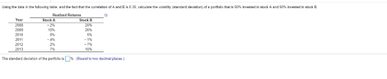 Using the data in the following table, and the fact that the correlation of A and B is 0.35 calculate the volatility standard deviation of a portfolio thatis 50% ınvested in stock A and 50% invested in stock B Realized Returns Year 2008 2009 2010 2011 2012 2013 Stock A -2% 10% 5% -4% 2% 7% Stock B 28% 26% 5% 1% 18% The standard deviation of the portfolio is「% (Round to two decimal places )