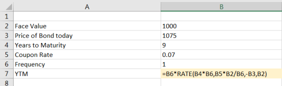 в 1 1000 1075 2 Face Value 3 Price of Bond today 4 Years to Maturity 5 Coupon Rate 6 Frequency 7 YTM 8 0.07 =B6*RATE(B4*B6,B5