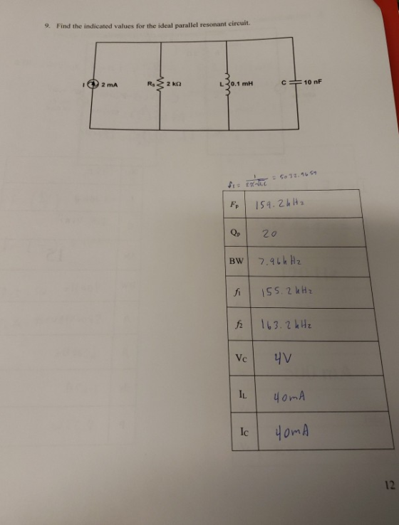 9. Find the indicated values for the ideal parallel resonant circuit. 2 mA Rs 2ks 0.1 mHc 10 nF = 50 32.65 fra F 159.2 kHz Bw