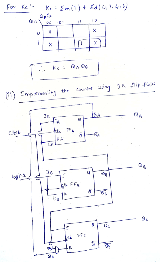 For Kci- Ke = Em (7) + Ed (0,?,4,6) QB Qc QA 01 I 10 x 0 Х X X 11 Kc = QA QB counter using Jk flip flops (11) Implementing th