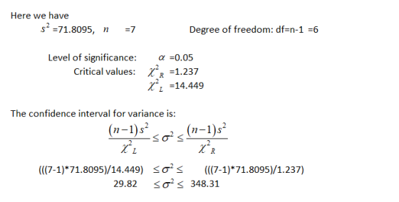 Here we have 52 =71.8095, n = 7 Degree of freedom: df=n-1 =6 Level of significance: Critical values: a =0.05 XR =1.237 X*=14.