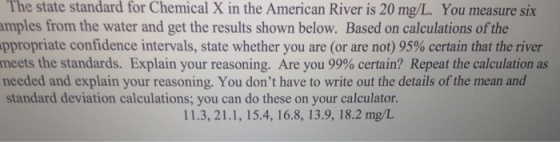 The state standard for Chemical X in the American River is 20 mg/L. You measure six amples from the water and get the results shown below. Based on calculations of the ppropriate confidence intervals, state whether you are (or are not) 95% certain that the river meets the standards. Explain your reasoning. Are you 99% certain? Repeat the calculation as needed and explain your reasoning. You dont have to write out the details of the mean and standard deviation calculations; you can do these on your calculator. 11.3, 21.1, 15.4, 16.8, 13.9, 18.2 mg/L