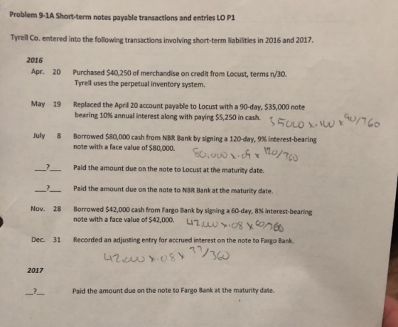 Problem 9-1A Short-term notes payable transactions and entries LO P1 Tyrell Co. entered into the following transactions invol