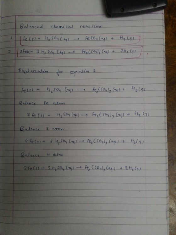 Ralanced chemical reac tiene e Lsl H,sO (1 Fe S0 (at 1. 2 Feut 3 H, SO (s Expl anatin resuatin 2 Fe(s + Ralance Fe atem (1 Fe