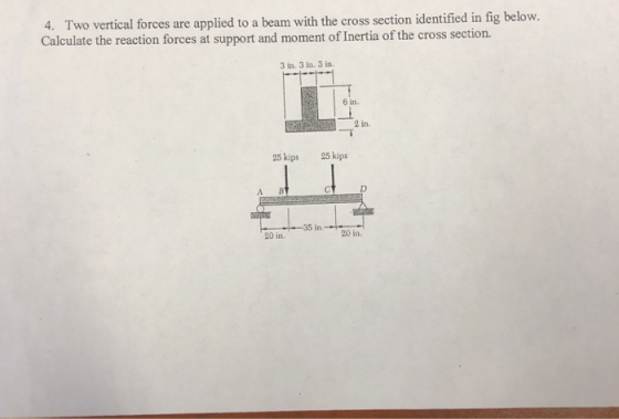 Two vertical forces are applied to a beam with the cross section identified in fig below Calculate the reaction forces at support and moment of Inertia of the cross section. 3 in. 3 in. 3 in. 6 in 2 in. 25 kips 25 kips A B -35 in- 20 in. 20 in