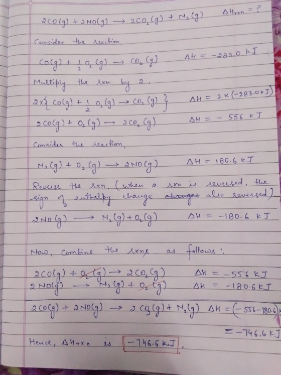 A Horn = 2CO(g) + 2NO(g) + 2co, (g) + Mag] Consider the reaction, colg) + 1 g (g) → Co, (g) AH = -283.0 kJ Multiply the exe b