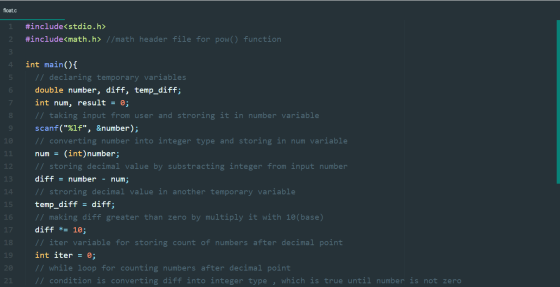 float.c 1 #include<stdio.h> #include<math.h> //math header file for pow() function 2 3 4. 5 6 7 8. 9 10 11 12 int main() { //