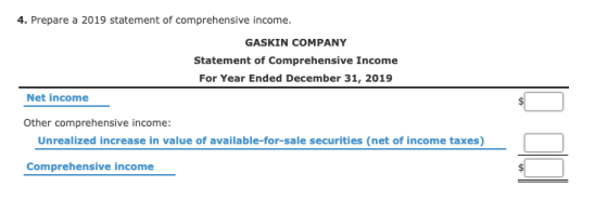 4. Prepare a 2019 statement of comprehensive income. GASKIN COMPANY Statement of Comprehensive Income For Year Ended December