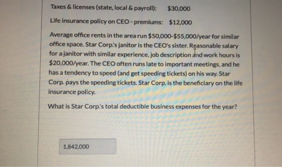 Taxes & licenses (state, local & payroll): $30,000 Life insurance policy on CEO - premiums: $12,000 Average office rents in t