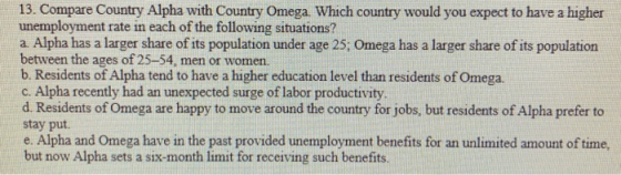 13. Compare Country Alpha with Country Omega. Which country would you expect to have a higher unemployment rate in each of th