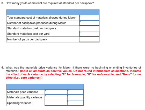 3. How many yards of material are required at standard per backpack? Total standard cost of materials allowed during March Nu