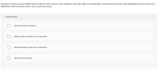 Geronimo Company issued 20,000 shares of $1 par value common stock at $10 per share. Ms. Elgin, the bookkeeper, recorded this