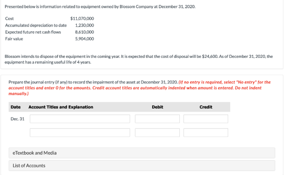 Presented below is information related to equipment owned by Blossom Company at December 31, 2020. Cost Accumulated depreciat