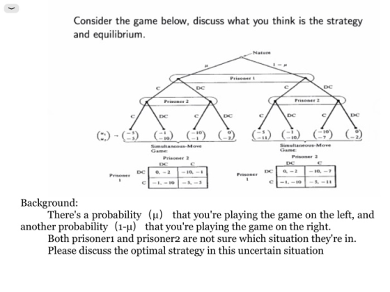 > Consider the game below, discuss what you think is the strategy and equilibrium Nature Prisoner i DC DC Prisoner 2 Prisoner